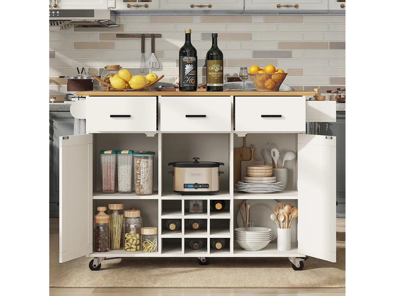 Desserte de cuisine pliable (104×40×91,5 cm), avec tiroirs, casier à vin et grand espace de rangement, blanc