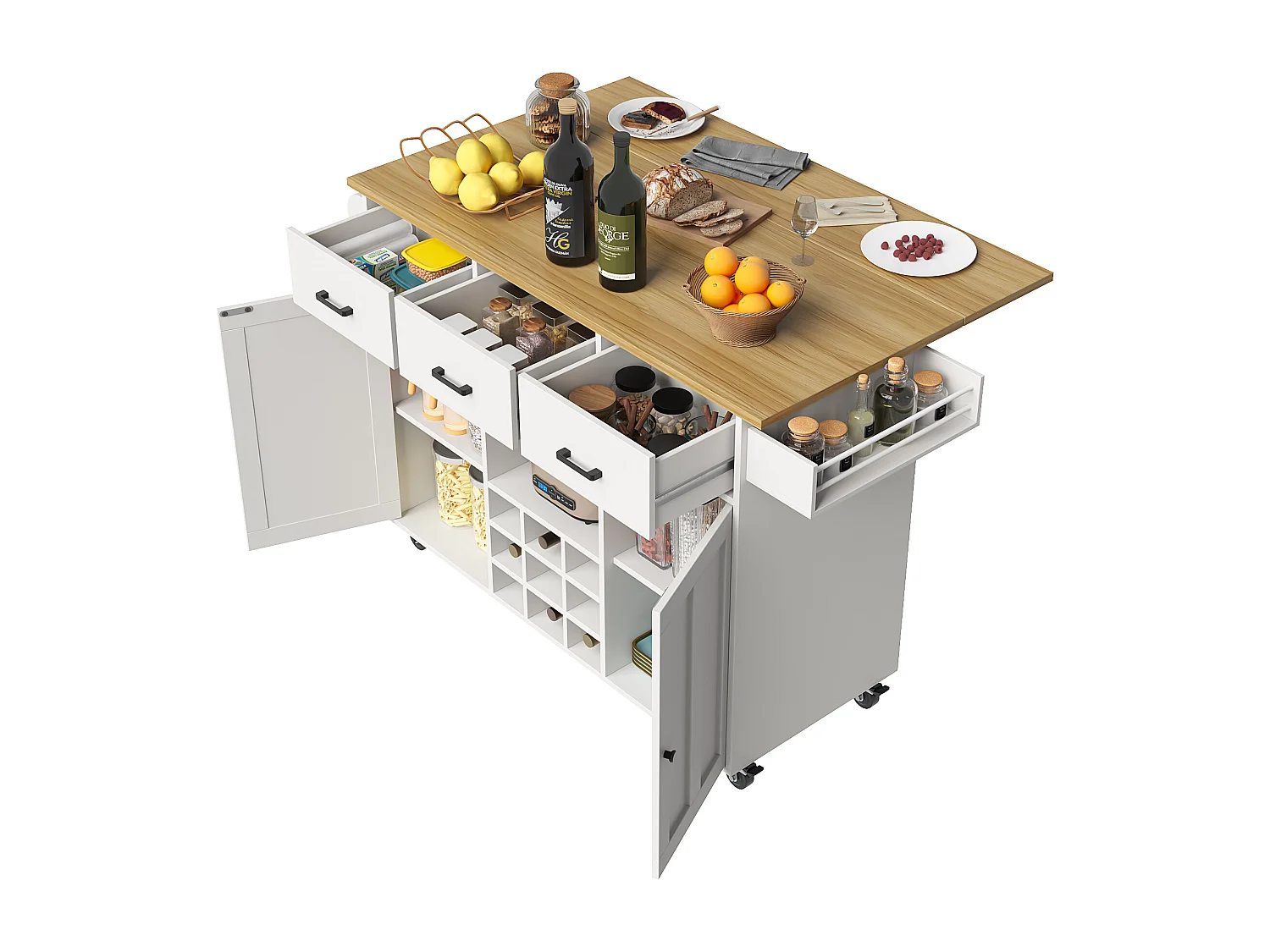 Desserte de cuisine pliable (104×40×91,5 cm), avec tiroirs, casier à vin et grand espace de rangement, blanc