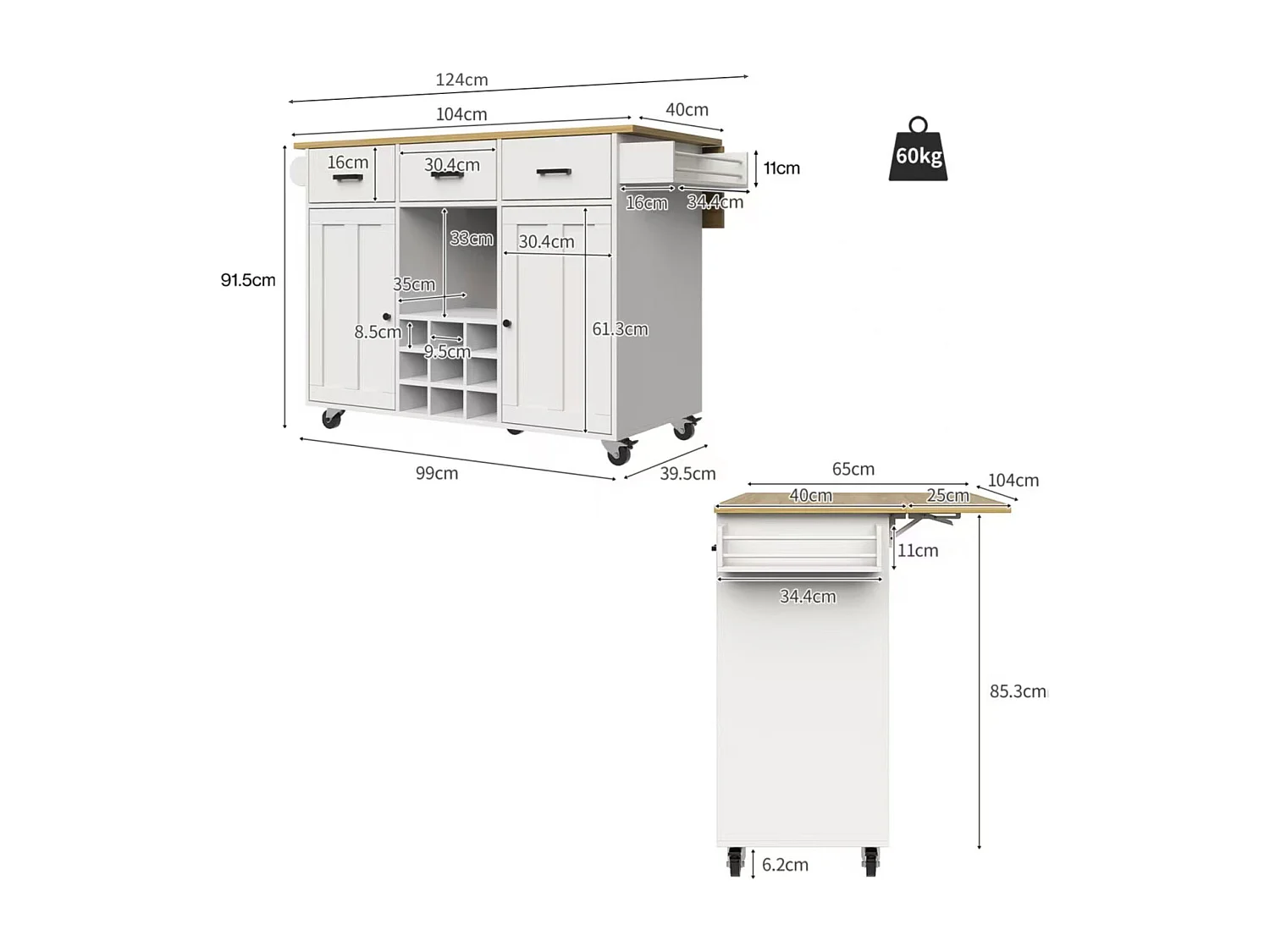 Desserte de cuisine pliable (104×40×91,5 cm), avec tiroirs, casier à vin et grand espace de rangement, blanc