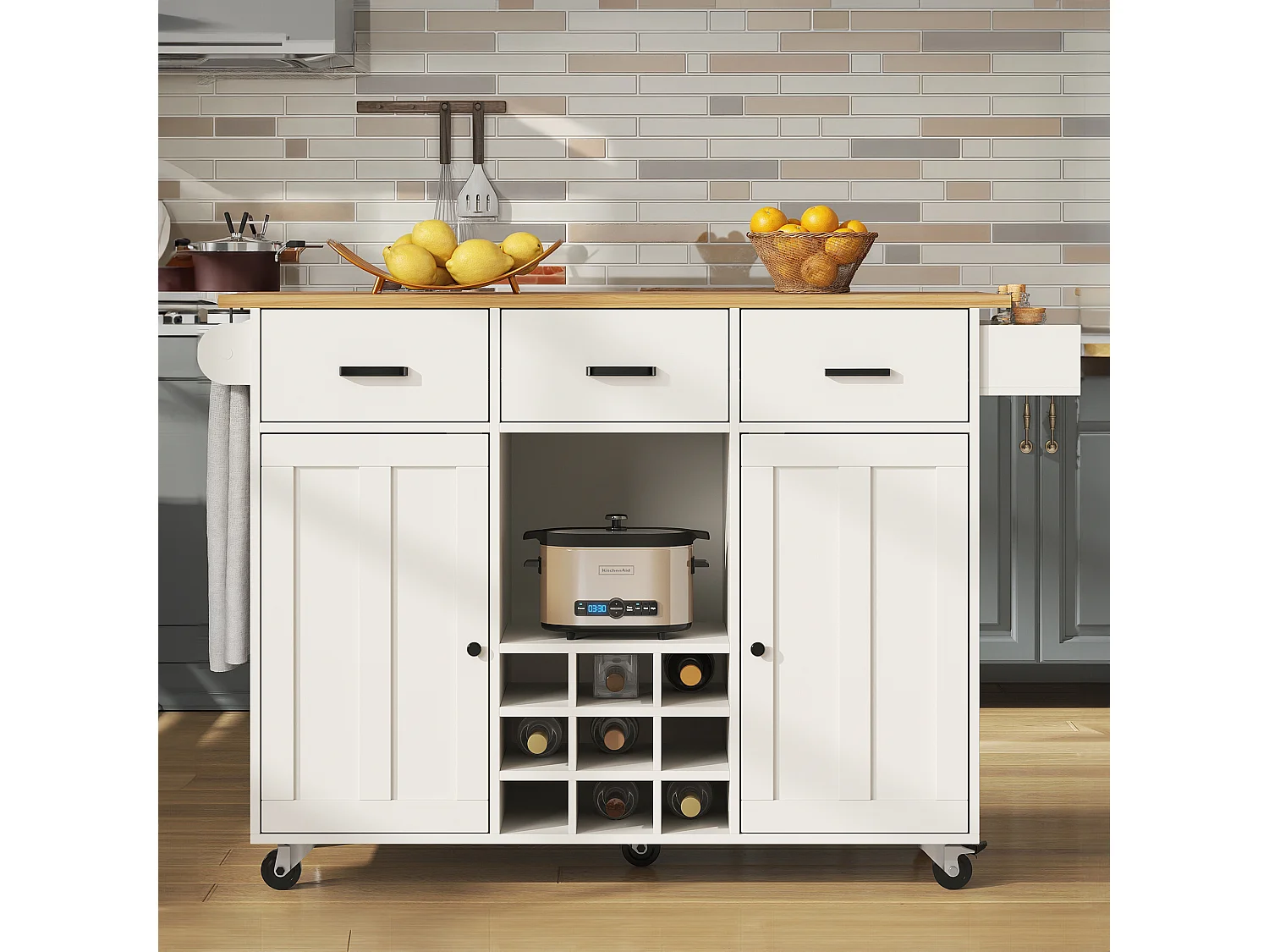 Desserte de cuisine pliable (104×40×91,5 cm), avec tiroirs, casier à vin et grand espace de rangement, blanc