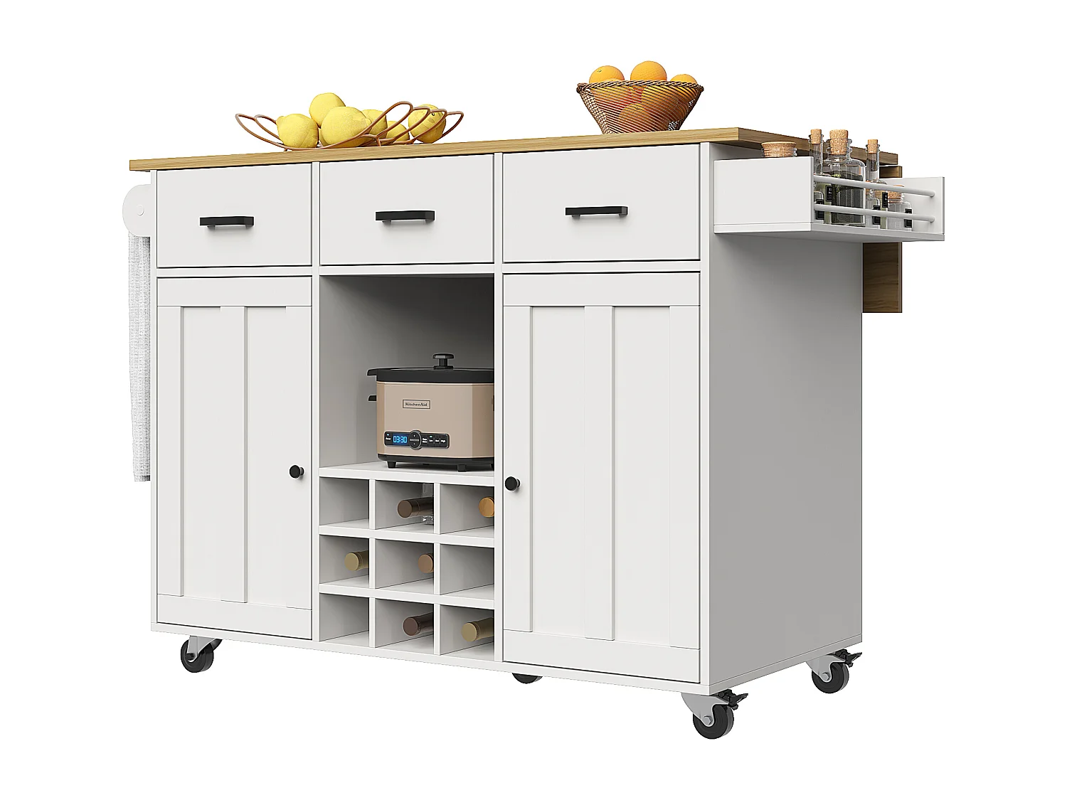 Desserte de cuisine pliable (104×40×91,5 cm), avec tiroirs, casier à vin et grand espace de rangement, blanc