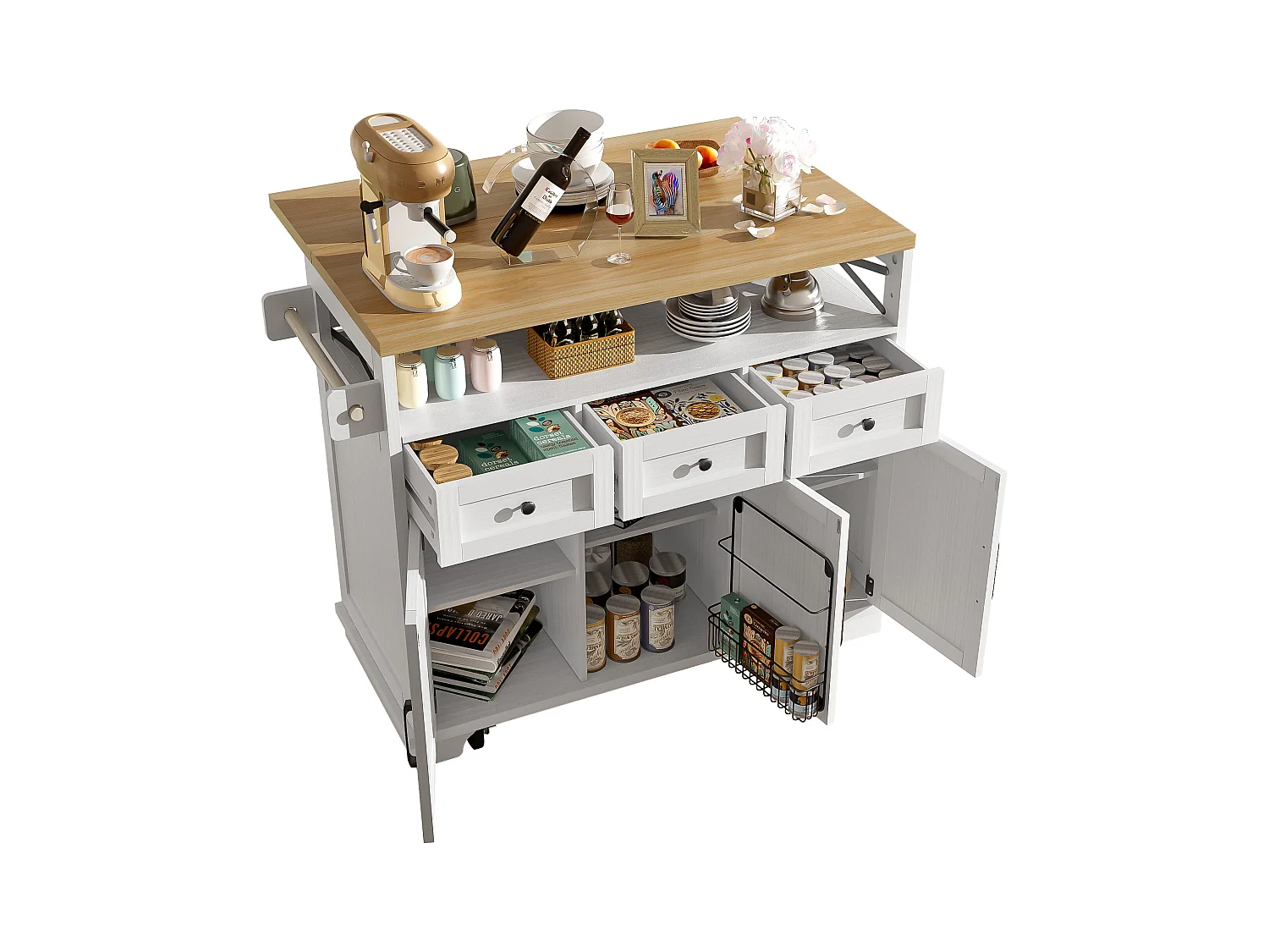 Desserte de cuisine blanche (118×43×98 cm) avec plateau bois, rangement multifonction, roulettes et porte-serviette