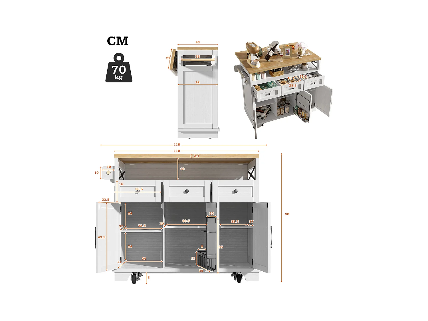 Desserte de cuisine blanche (118×43×98 cm) avec plateau bois, rangement multifonction, roulettes et porte-serviette