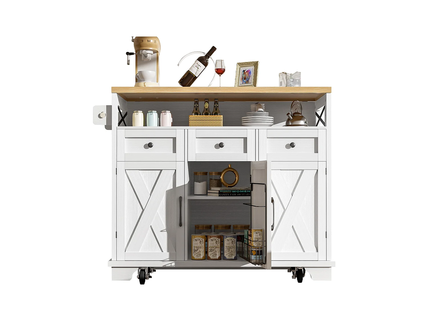 Desserte de cuisine blanche (118×43×98 cm) avec plateau bois, rangement multifonction, roulettes et porte-serviette