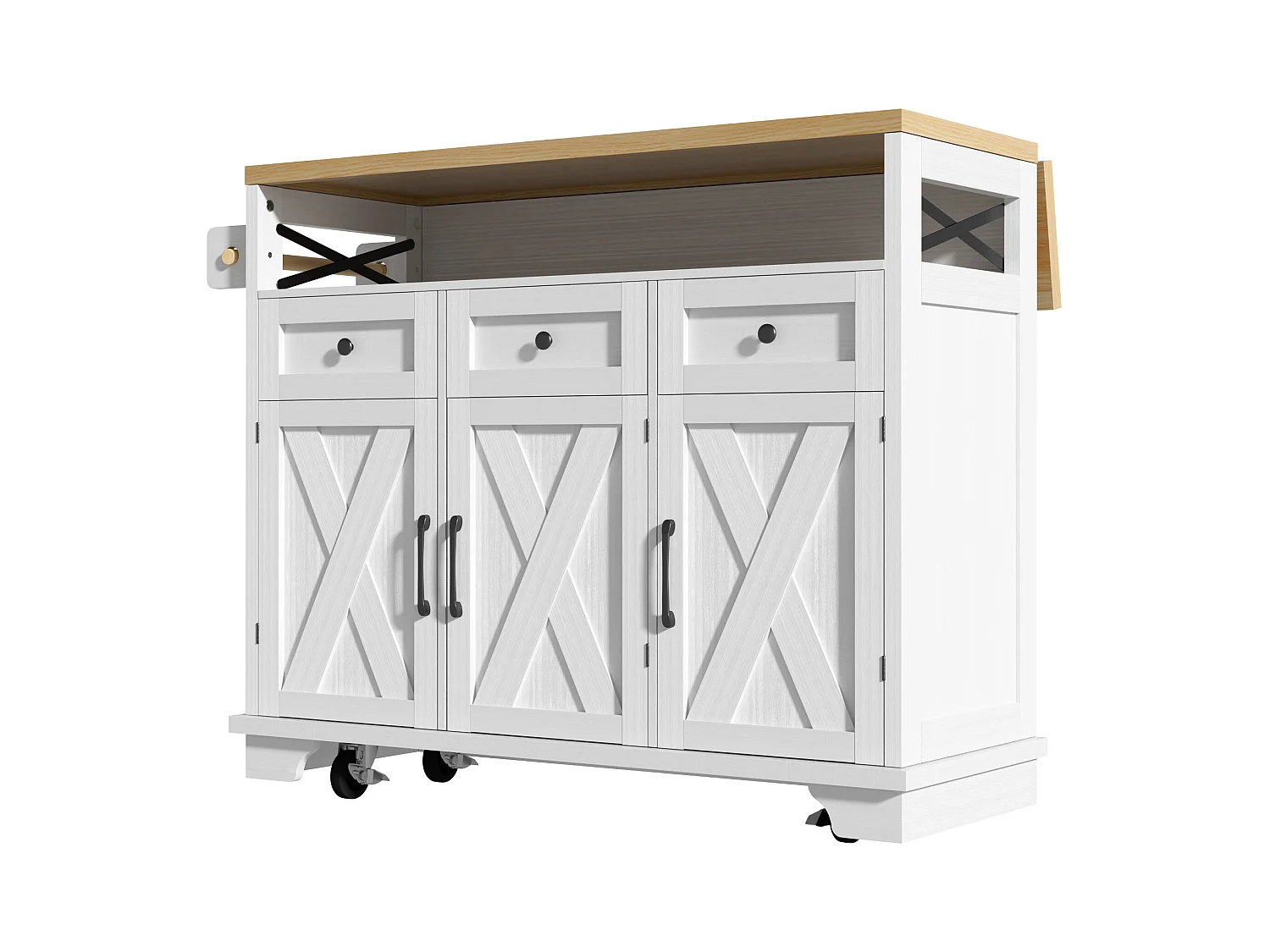 Desserte de cuisine blanche (118×43×98 cm) avec plateau bois, rangement multifonction, roulettes et porte-serviette