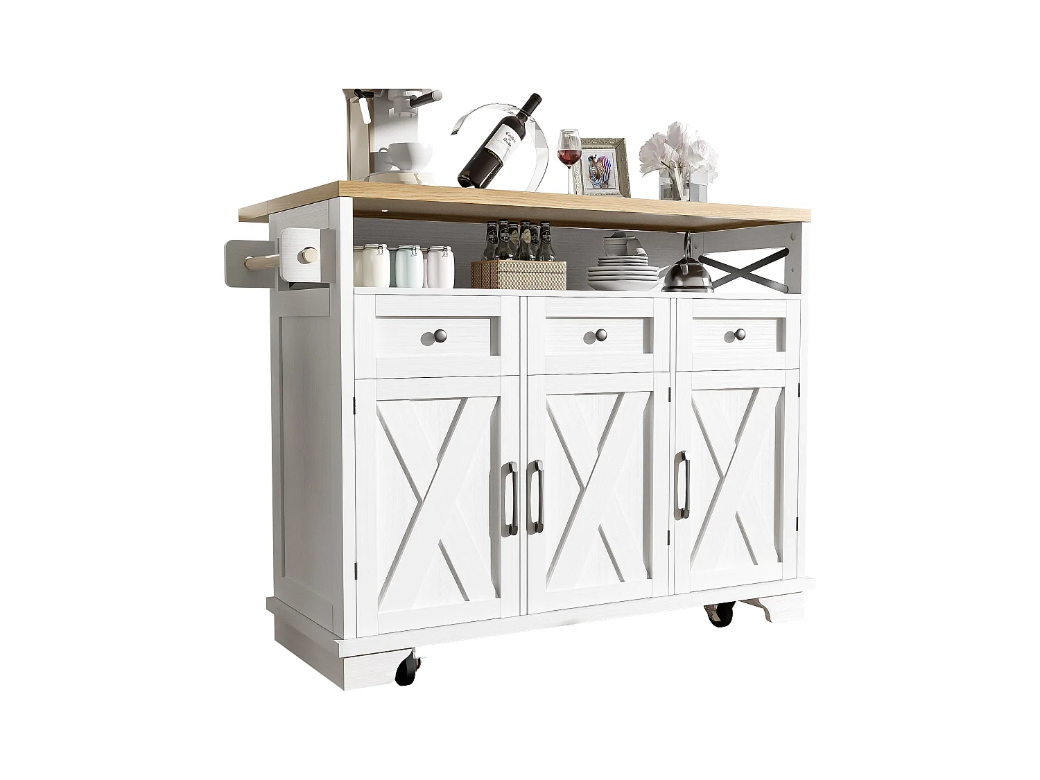 Desserte de cuisine blanche (118×43×98 cm) avec plateau bois, rangement multifonction, roulettes et porte-serviette