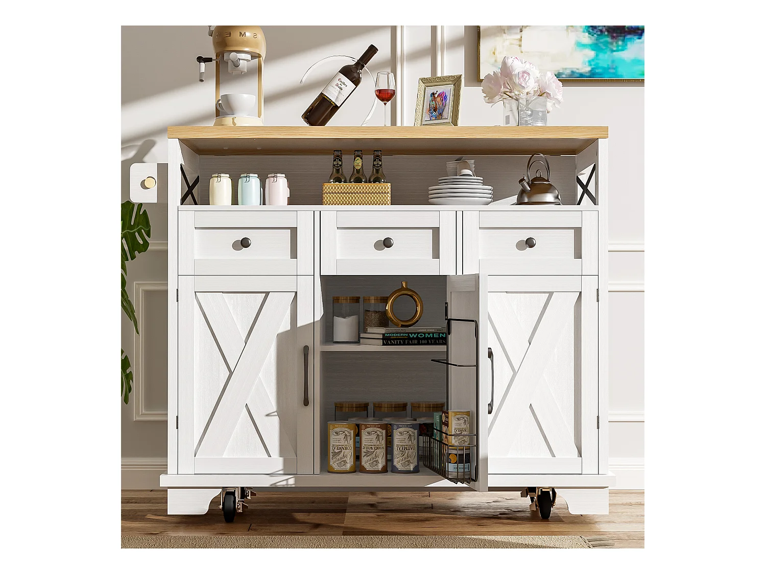 Desserte de cuisine blanche (118×43×98 cm) avec plateau bois, rangement multifonction, roulettes et porte-serviette
