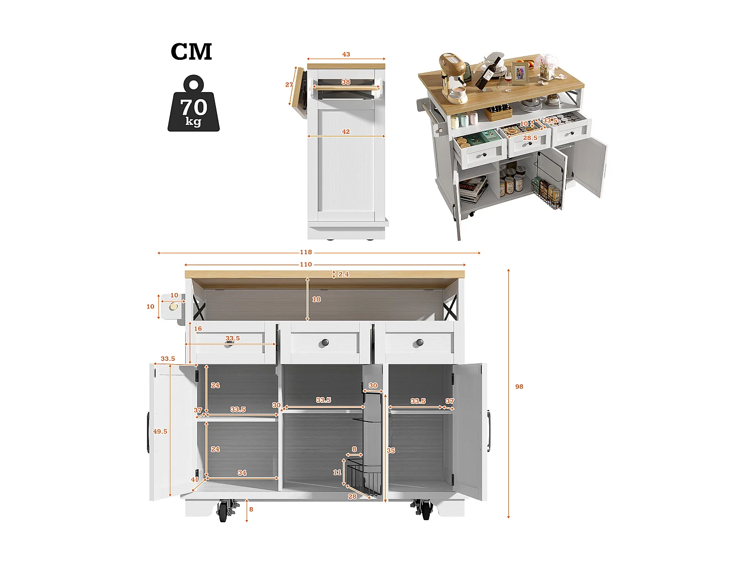 Desserte de cuisine blanche (118×43×98 cm) avec plateau bois, rangement multifonction, roulettes et porte-serviette