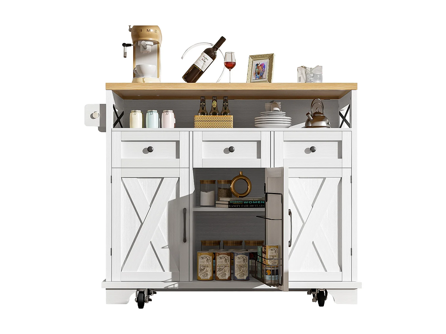 Desserte de cuisine blanche (118×43×98 cm) avec plateau bois, rangement multifonction, roulettes et porte-serviette