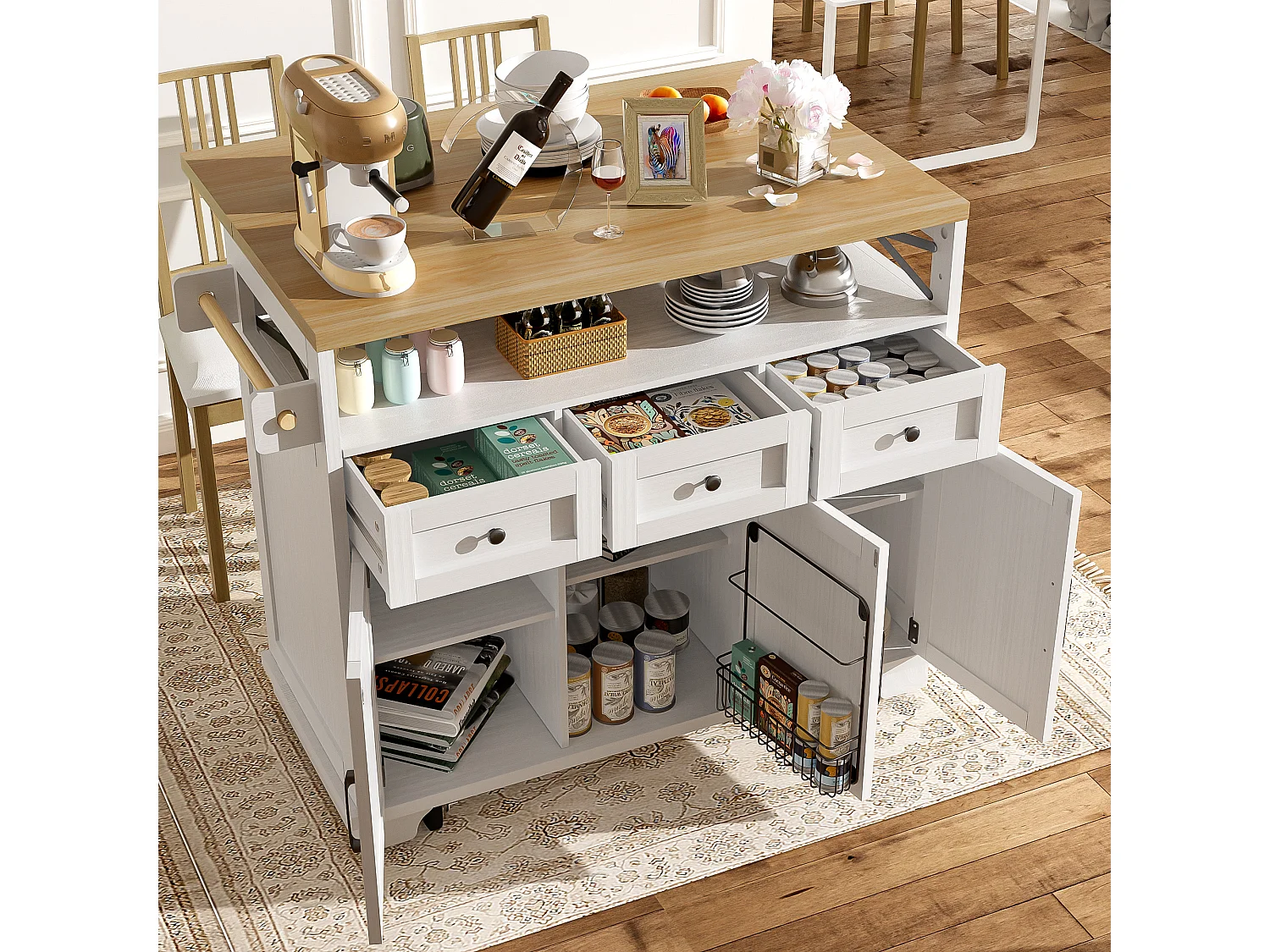 Desserte de cuisine blanche (118×43×98 cm) avec plateau bois, rangement multifonction, roulettes et porte-serviette