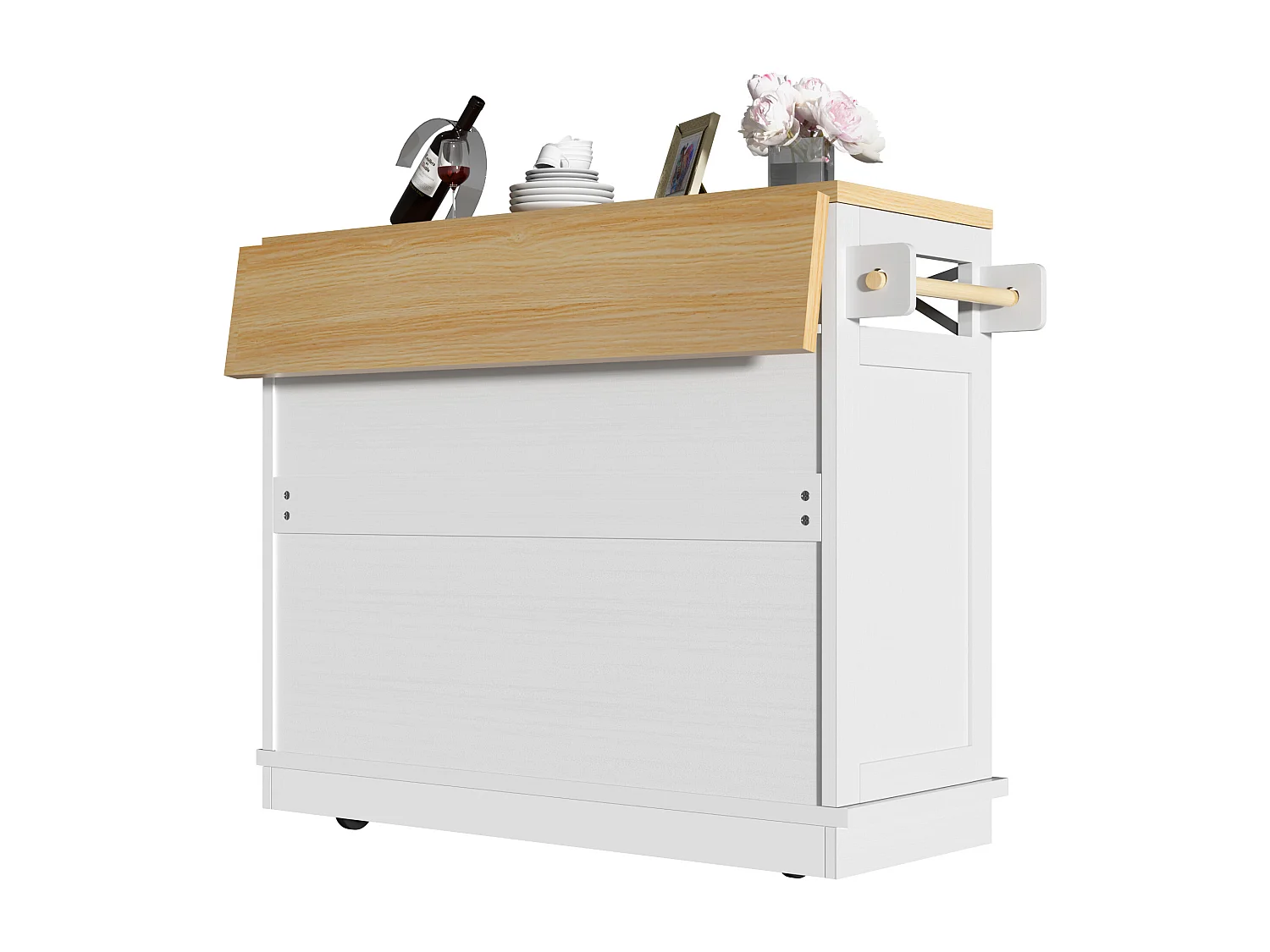 Desserte de cuisine blanche (118×43×98 cm) avec plateau bois, rangement multifonction, roulettes et porte-serviette