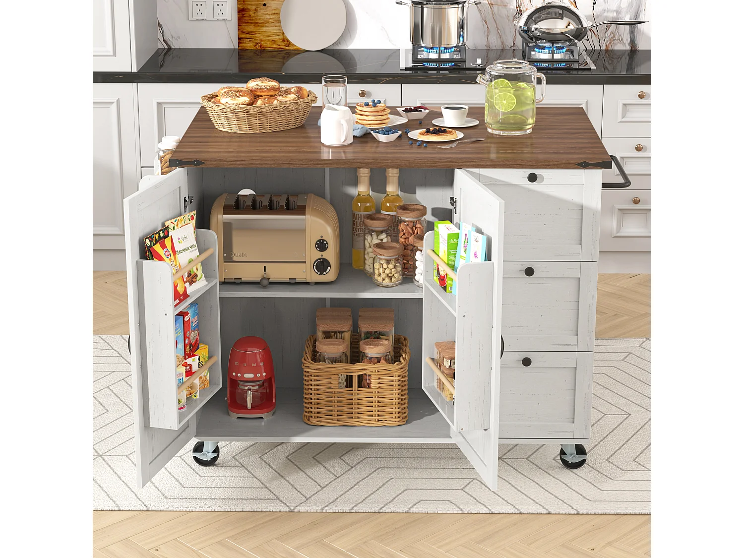 Desserte de cuisine(140x73x92.5cm) pliante avec tiroirs, placard et roulettes verrouillables - beige blanc