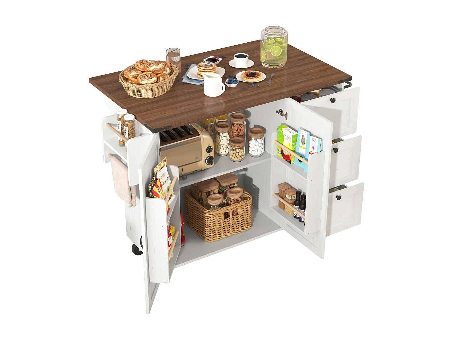 Desserte de cuisine(140x73x92.5cm) pliante avec tiroirs, placard et roulettes verrouillables - beige blanc