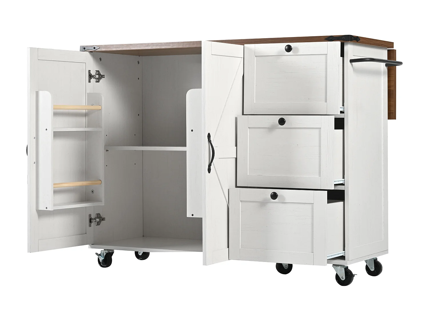 Desserte de cuisine(140x73x92.5cm) pliante avec tiroirs, placard et roulettes verrouillables - beige blanc