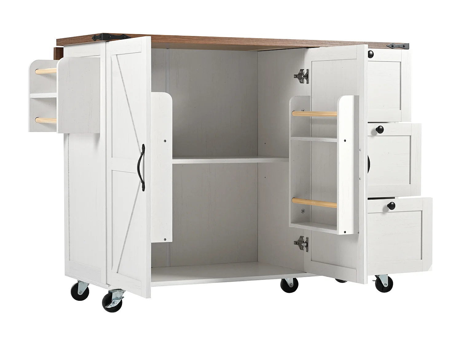 Desserte de cuisine(140x73x92.5cm) pliante avec tiroirs, placard et roulettes verrouillables - beige blanc