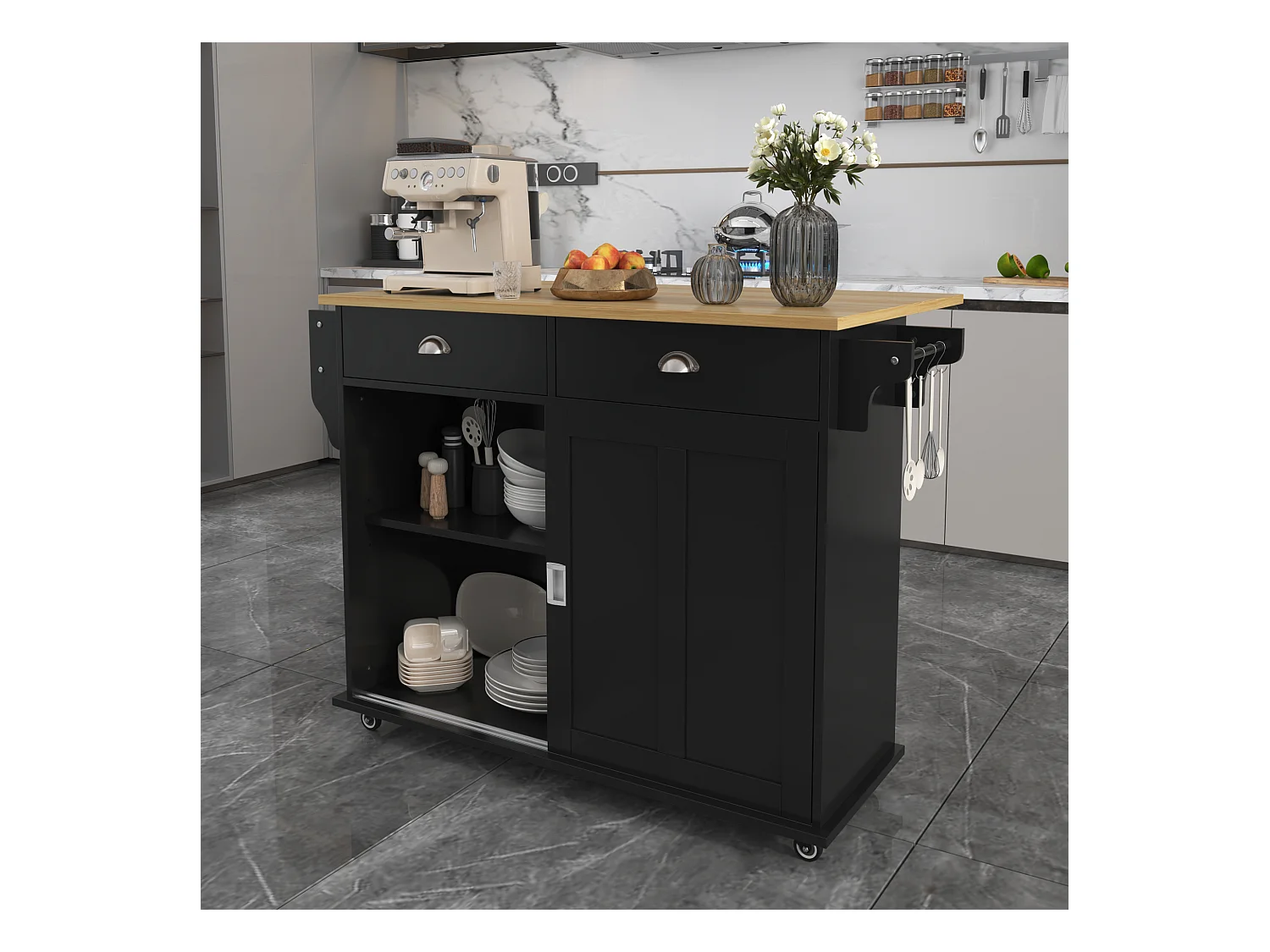 Desserte de cuisine (132.5x70x94cm)extensible noire avec plateau rabattable, grand rangement modulable et style élégant