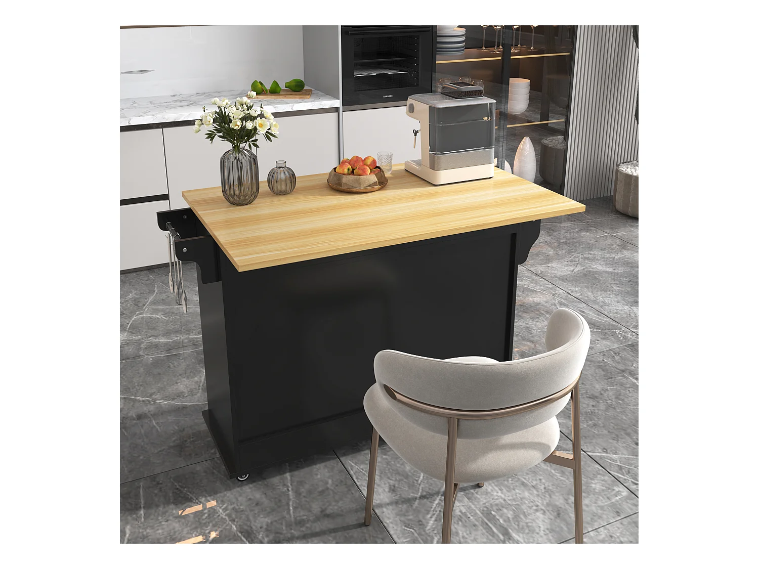 Desserte de cuisine (132.5x70x94cm)extensible noire avec plateau rabattable, grand rangement modulable et style élégant