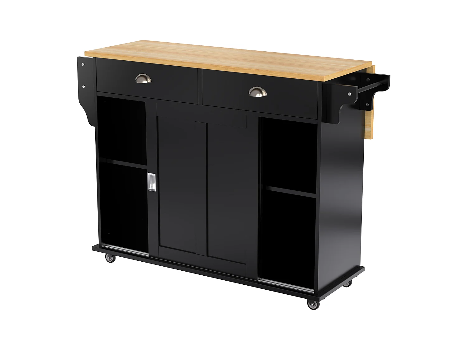 Desserte de cuisine (132.5x70x94cm)extensible noire avec plateau rabattable, grand rangement modulable et style élégant