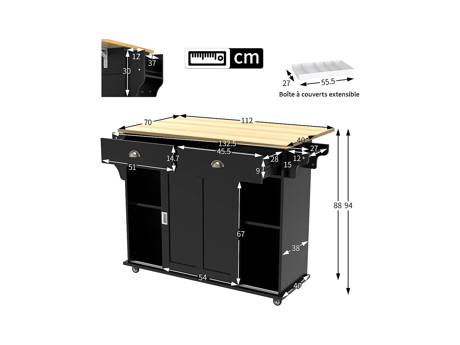 Desserte de cuisine (132.5x70x94cm)extensible noire avec plateau rabattable, grand rangement modulable et style élégant