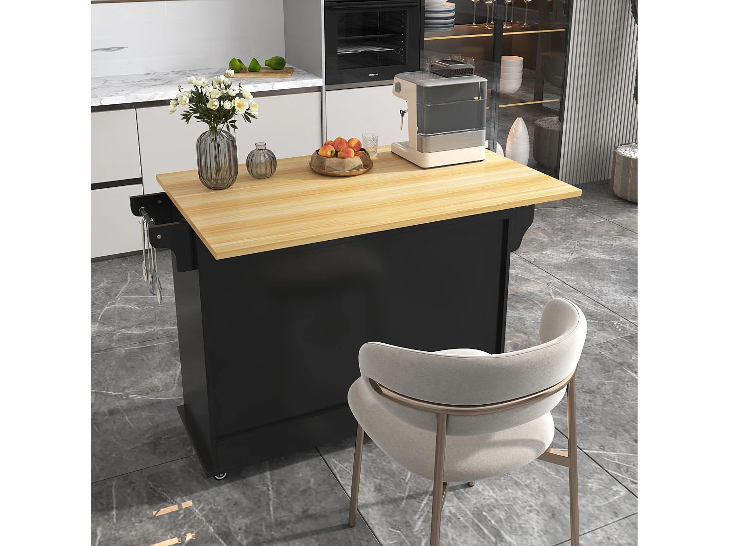 Desserte de cuisine (132.5x70x94cm)extensible noire avec plateau rabattable, grand rangement modulable et style élégant