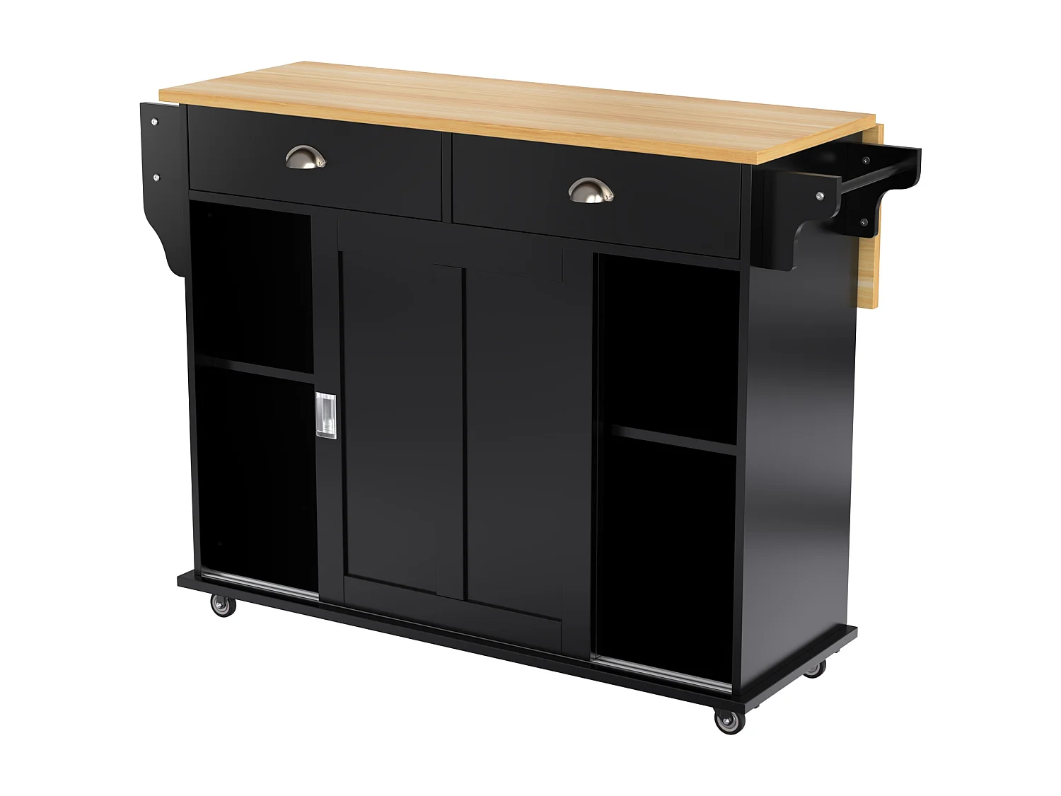 Desserte de cuisine (132.5x70x94cm)extensible noire avec plateau rabattable, grand rangement modulable et style élégant