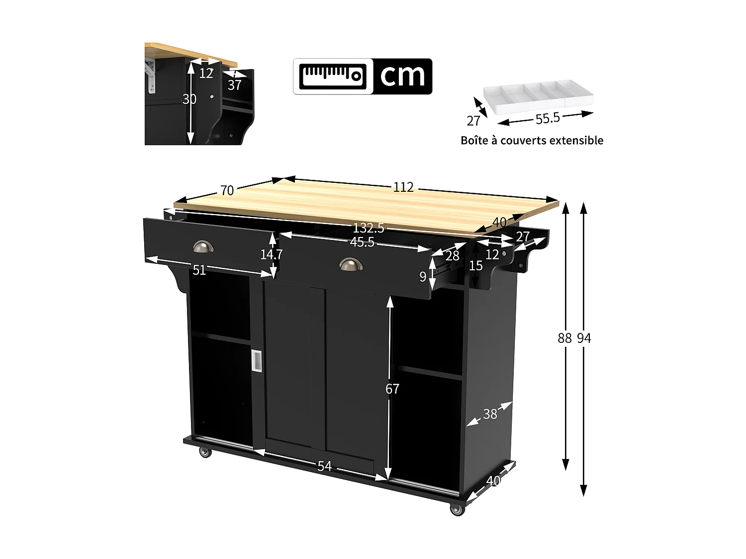Desserte de cuisine (132.5x70x94cm)extensible noire avec plateau rabattable, grand rangement modulable et style élégant