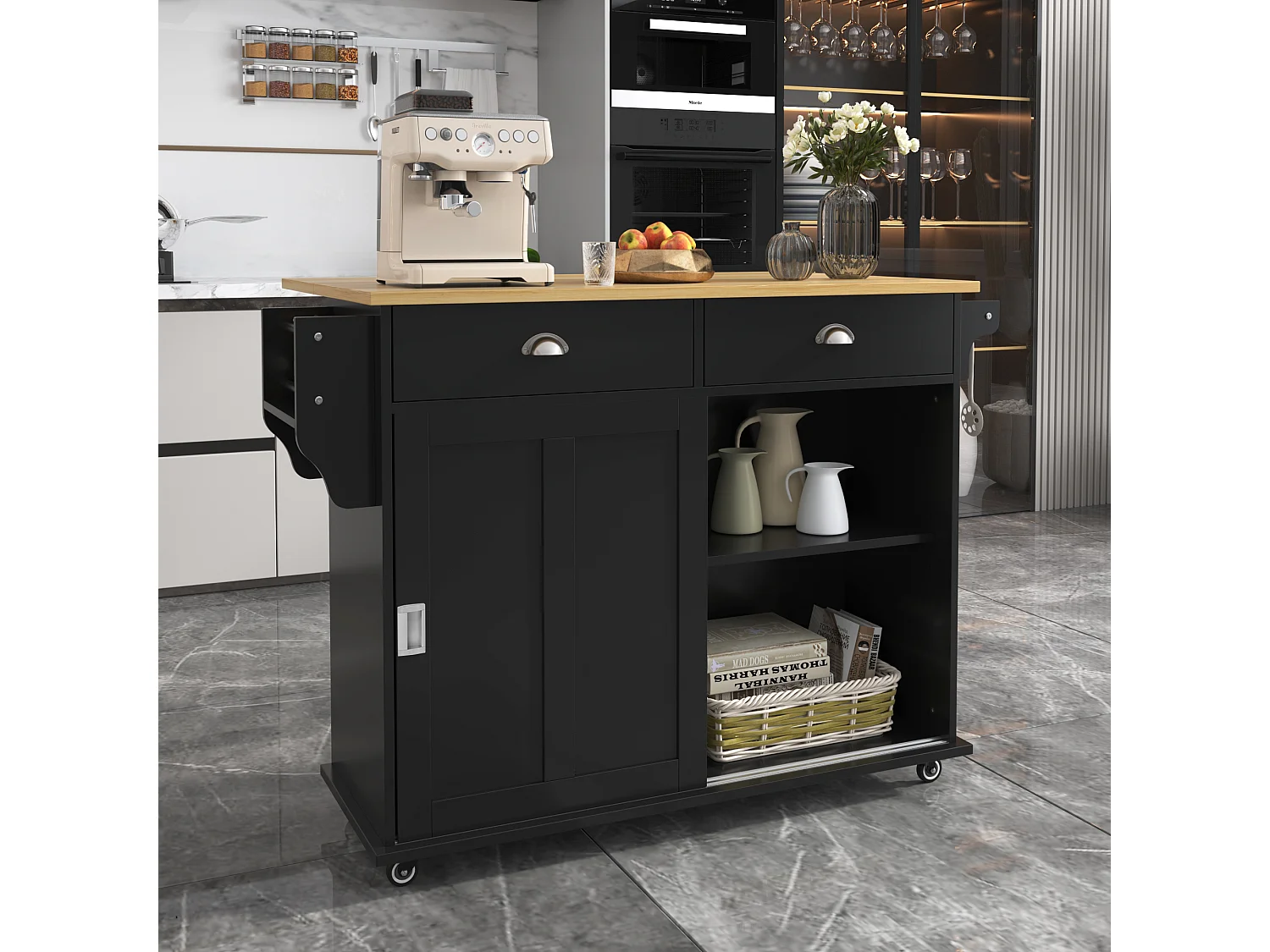 Desserte de cuisine (132.5x70x94cm)extensible noire avec plateau rabattable, grand rangement modulable et style élégant