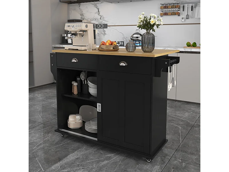 Desserte de cuisine (132.5x70x94cm)extensible noire avec plateau rabattable, grand rangement modulable et style élégant