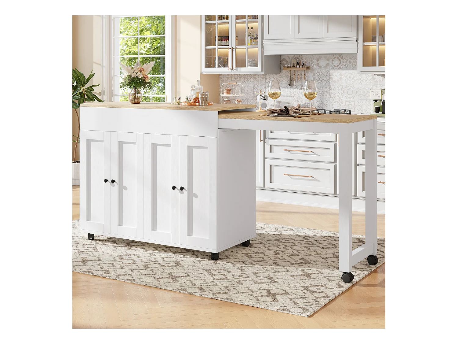 Desserte de cuisine (180X50X94CM) avec table extensible, rangement multifonction et roulettes robustes - blanc