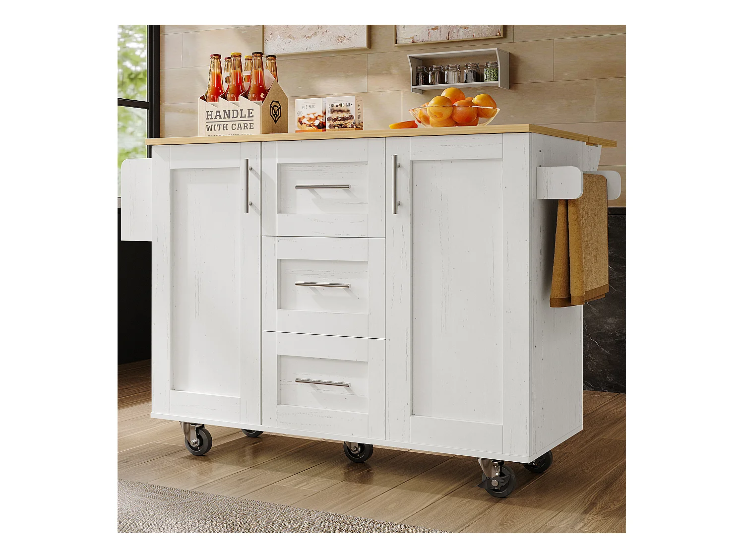 Desserte de cuisine (135x74x90.8cm)multifonction avec plan de travail en bois, rangement et roulette - Blanc