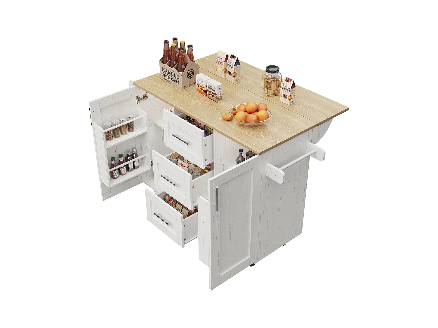 Desserte de cuisine (135x74x90.8cm)multifonction avec plan de travail en bois, rangement et roulette - Blanc