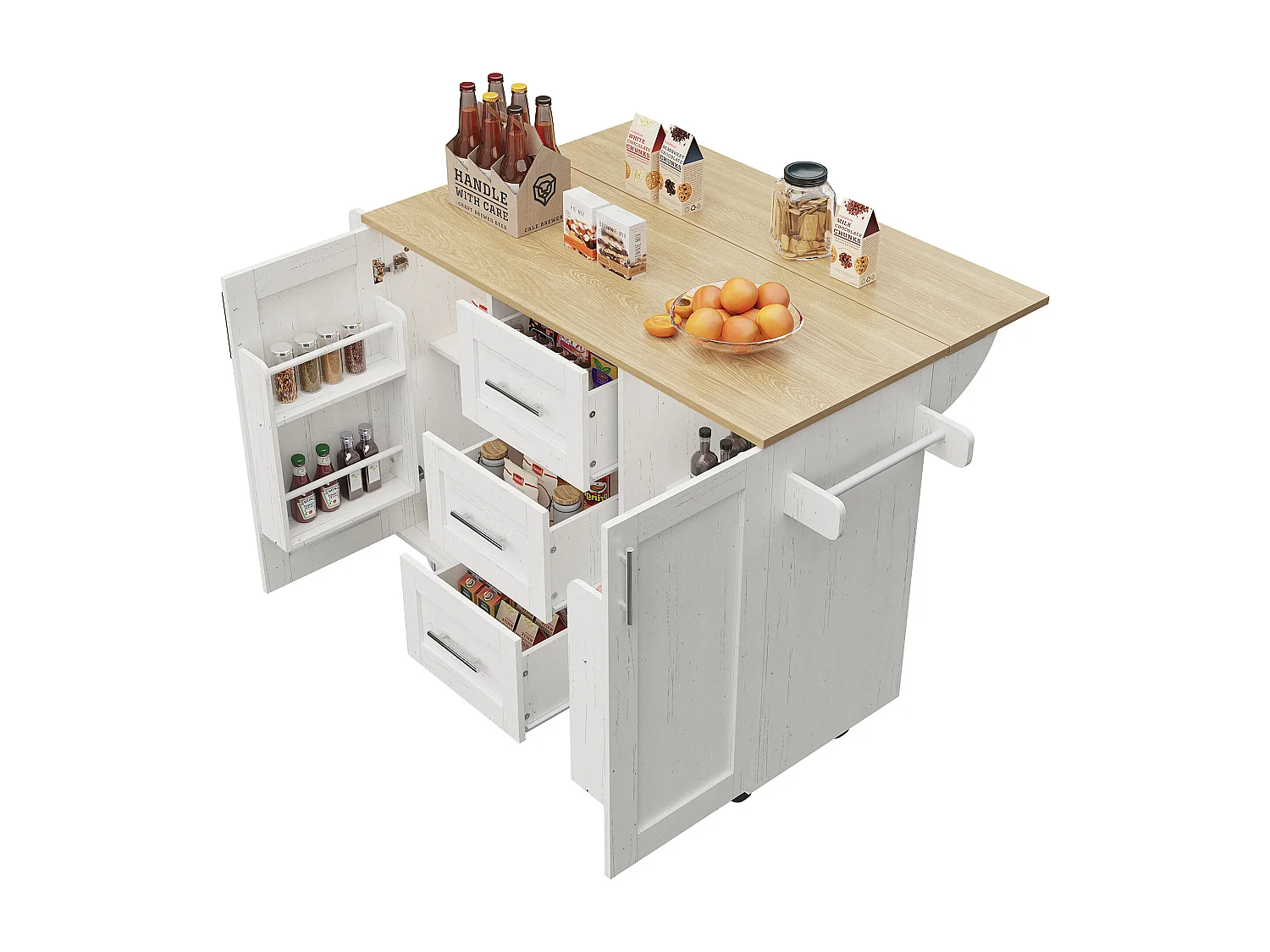 Desserte de cuisine (135x74x90.8cm)multifonction avec plan de travail en bois, rangement et roulette - Blanc