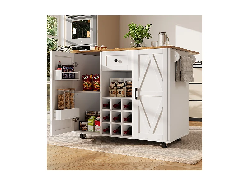 Desserte de cuisine (118×40×95.6 cm) moderne avec rangements, plateau extensible et étagères à snacks – naturel+blanc