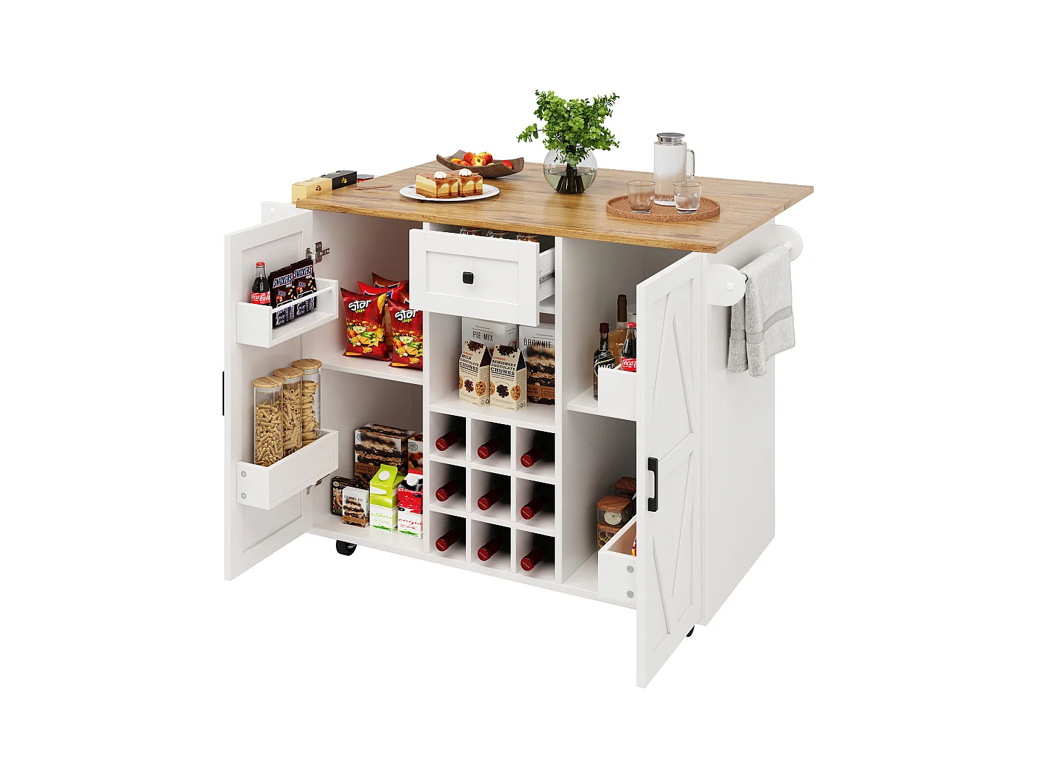 Desserte de cuisine (118×40×95.6 cm) moderne avec rangements, plateau extensible et étagères à snacks – naturel+blanc