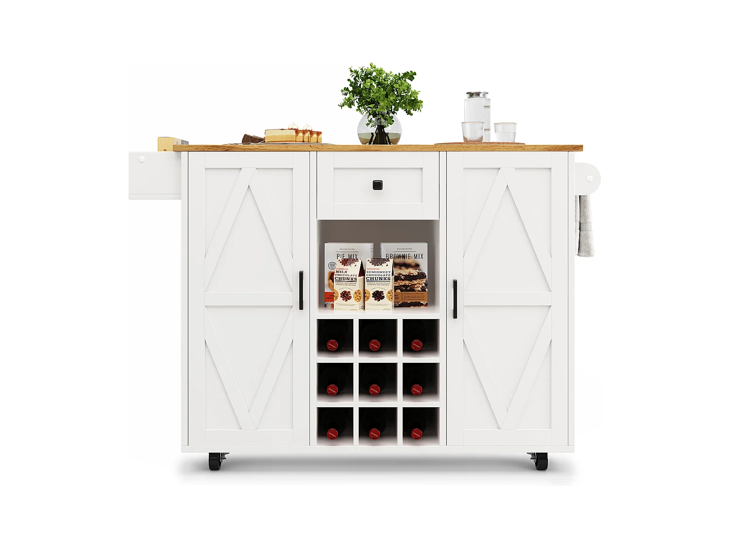Desserte de cuisine (118×40×95.6 cm) moderne avec rangements, plateau extensible et étagères à snacks – naturel+blanc