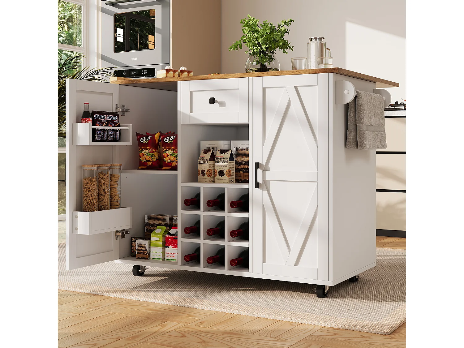 Desserte de cuisine (118×40×95.6 cm) moderne avec rangements, plateau extensible et étagères à snacks – naturel+blanc