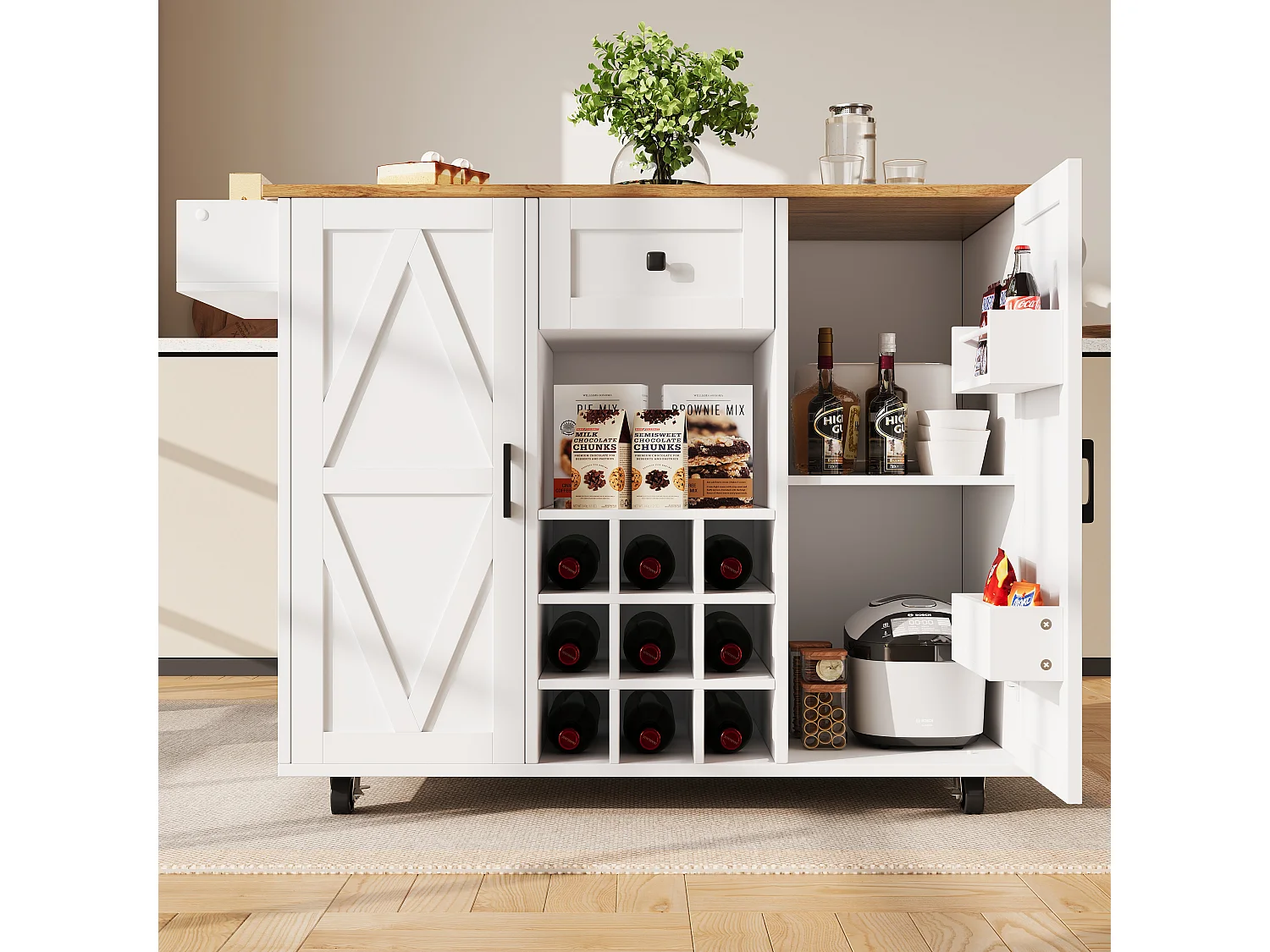 Desserte de cuisine (118×40×95.6 cm) moderne avec rangements, plateau extensible et étagères à snacks – naturel+blanc