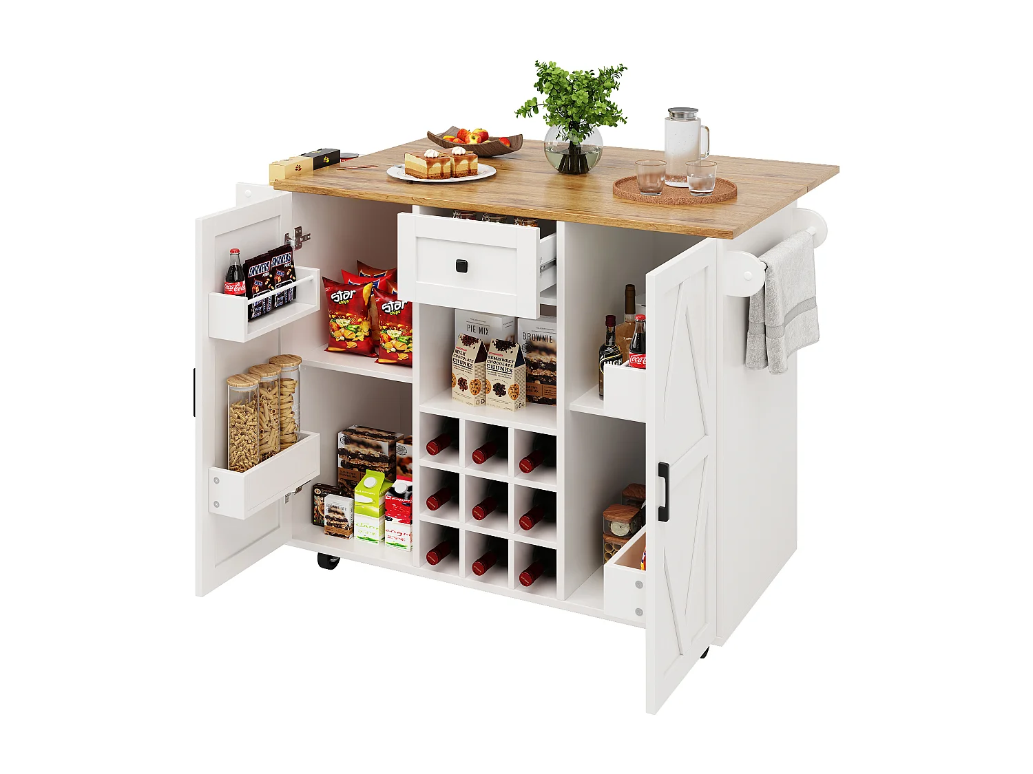 Desserte de cuisine (118×40×95.6 cm) moderne avec rangements, plateau extensible et étagères à snacks – naturel+blanc