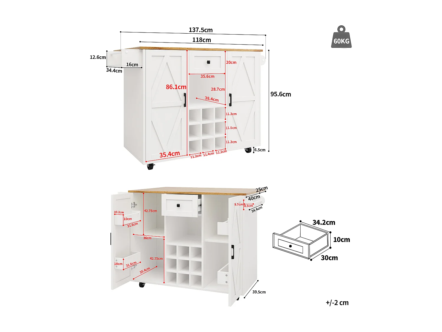 Desserte de cuisine (118×40×95.6 cm) moderne avec rangements, plateau extensible et étagères à snacks – naturel+blanc
