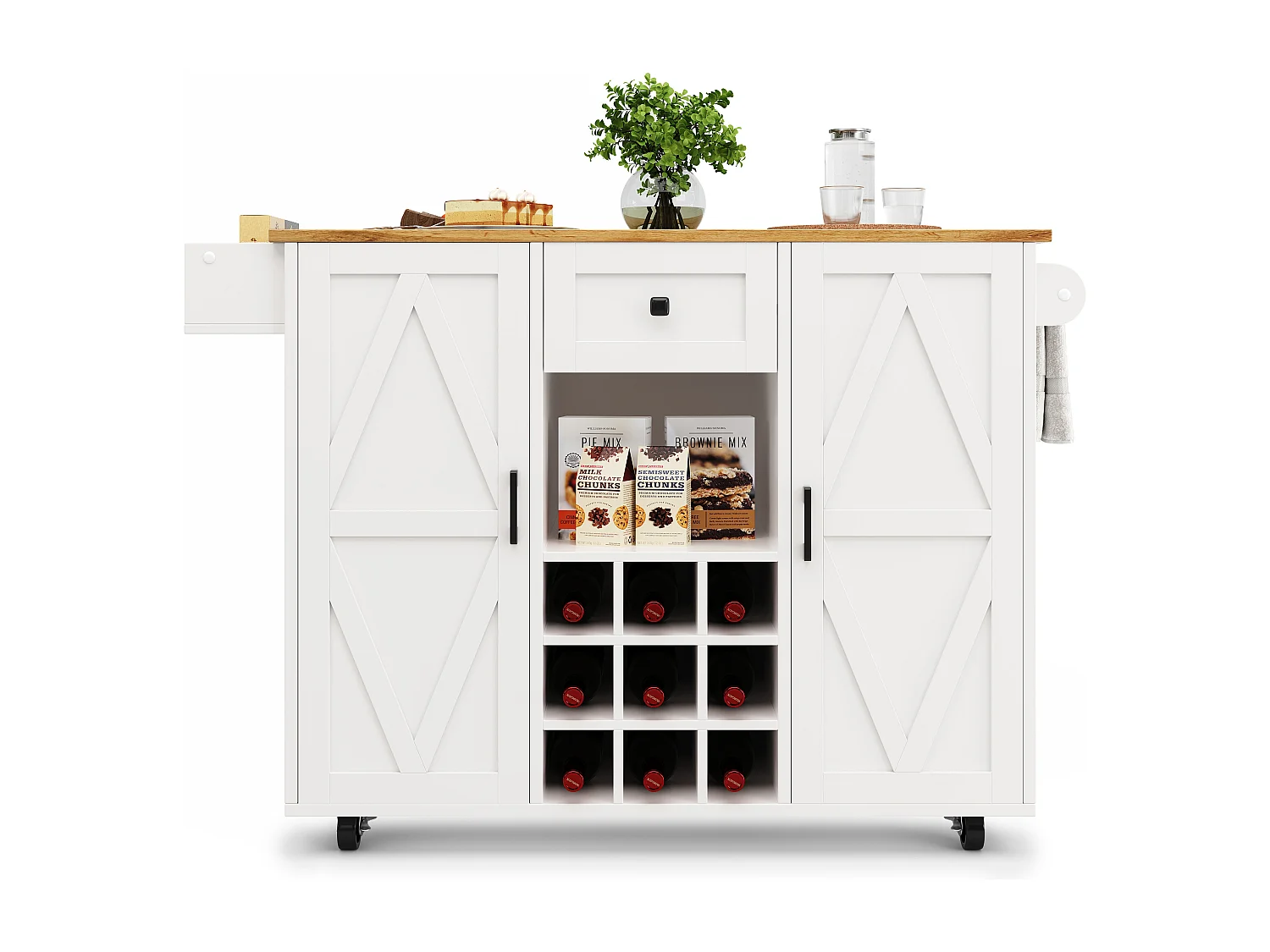 Desserte de cuisine (118×40×95.6 cm) moderne avec rangements, plateau extensible et étagères à snacks – naturel+blanc