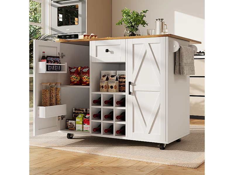 Desserte de cuisine (118×40×95.6 cm) moderne avec rangements, plateau extensible et étagères à snacks – naturel+blanc