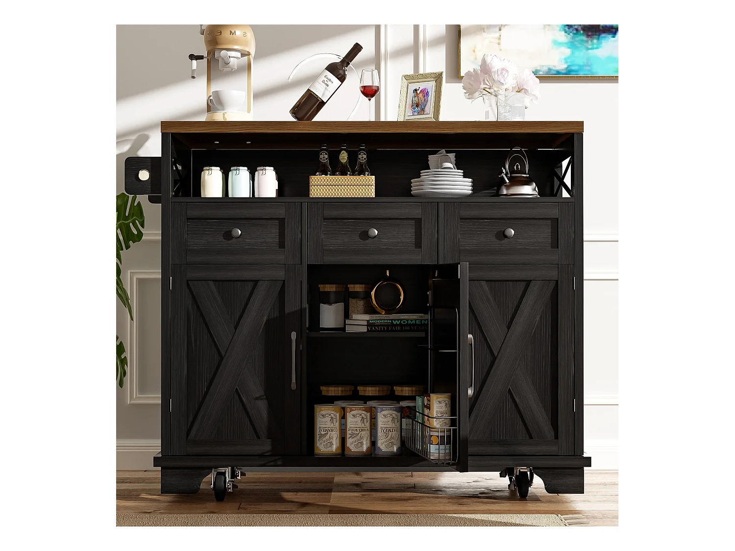 Desserte de cuisine noire (118×43×98 cm), avec roulettes, plateau bois, rangements modulables et porte-serviette