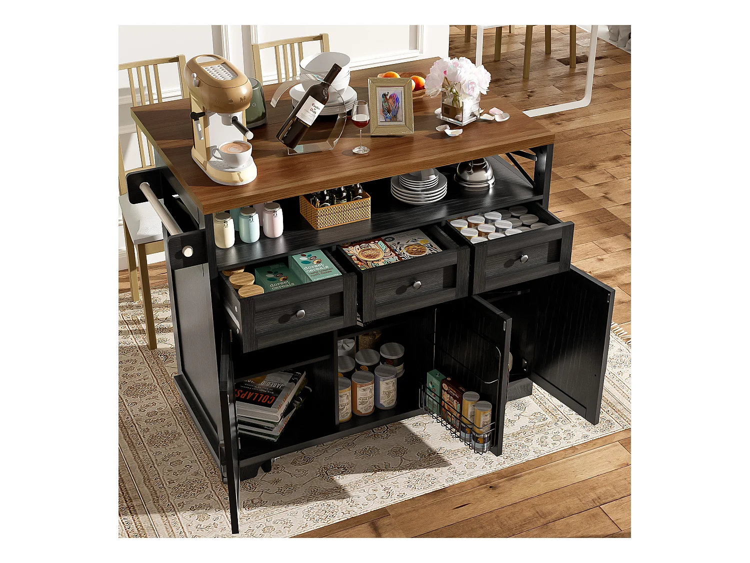 Desserte de cuisine noire (118×43×98 cm), avec roulettes, plateau bois, rangements modulables et porte-serviette