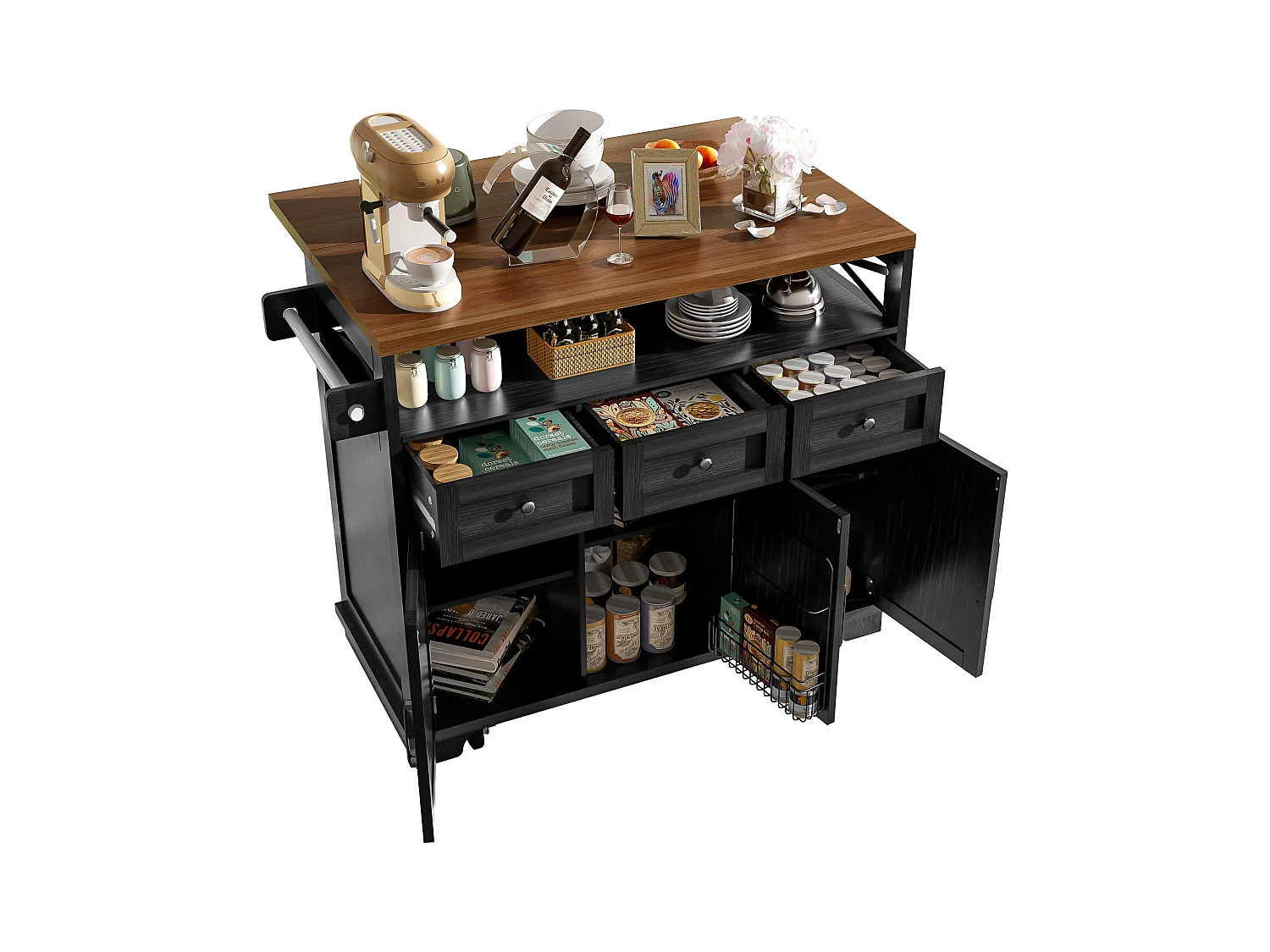 Desserte de cuisine noire (118×43×98 cm), avec roulettes, plateau bois, rangements modulables et porte-serviette