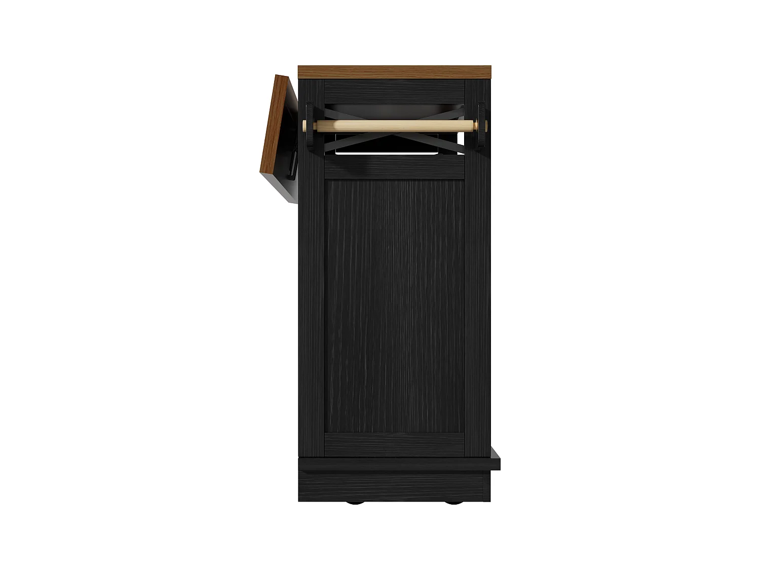 Desserte de cuisine noire (118×43×98 cm), avec roulettes, plateau bois, rangements modulables et porte-serviette