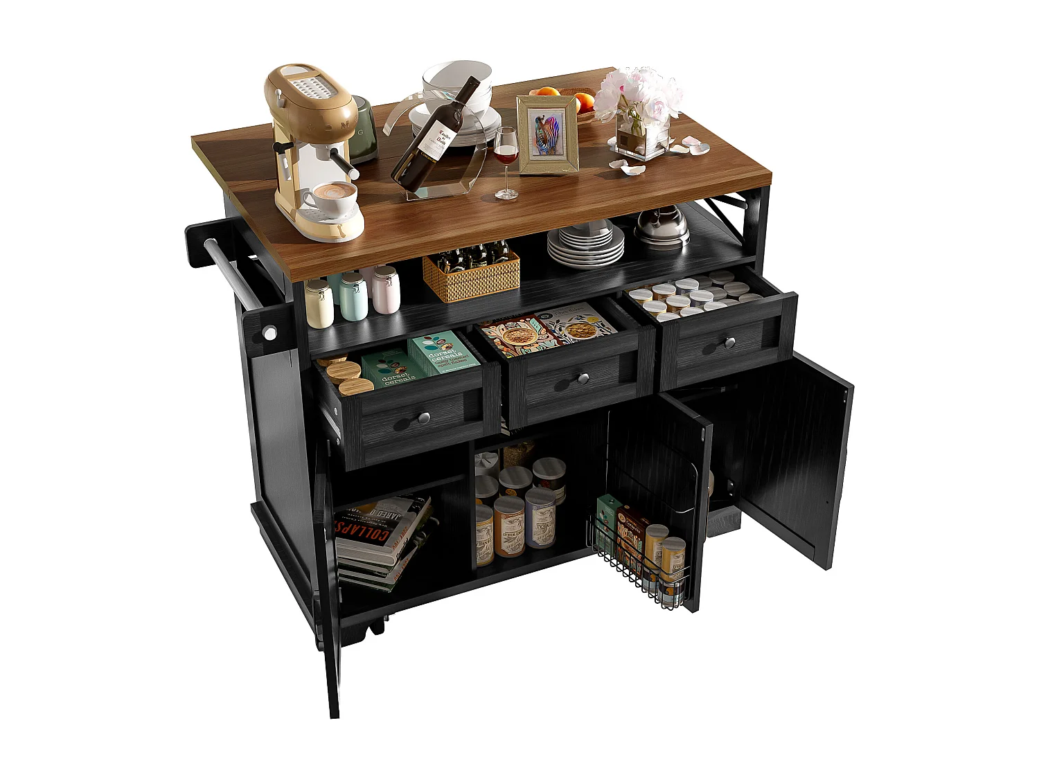 Desserte de cuisine noire (118×43×98 cm), avec roulettes, plateau bois, rangements modulables et porte-serviette