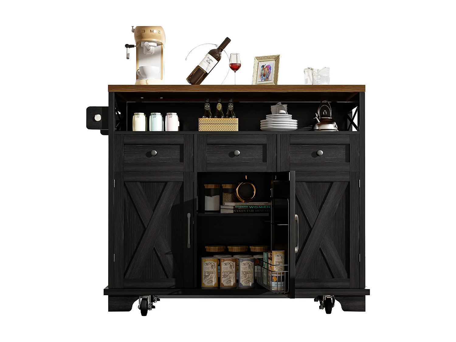 Desserte de cuisine noire (118×43×98 cm), avec roulettes, plateau bois, rangements modulables et porte-serviette