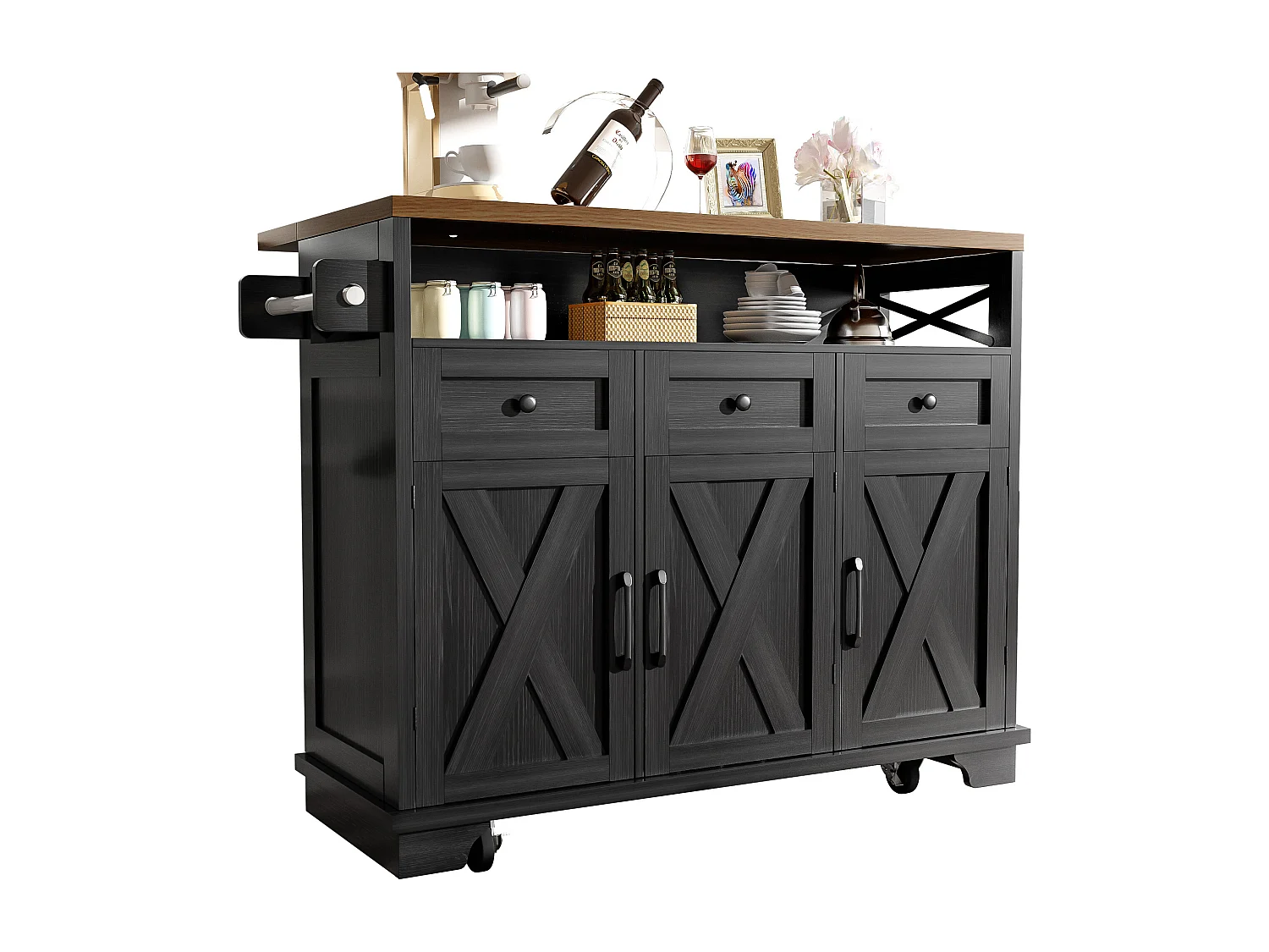 Desserte de cuisine noire (118×43×98 cm), avec roulettes, plateau bois, rangements modulables et porte-serviette