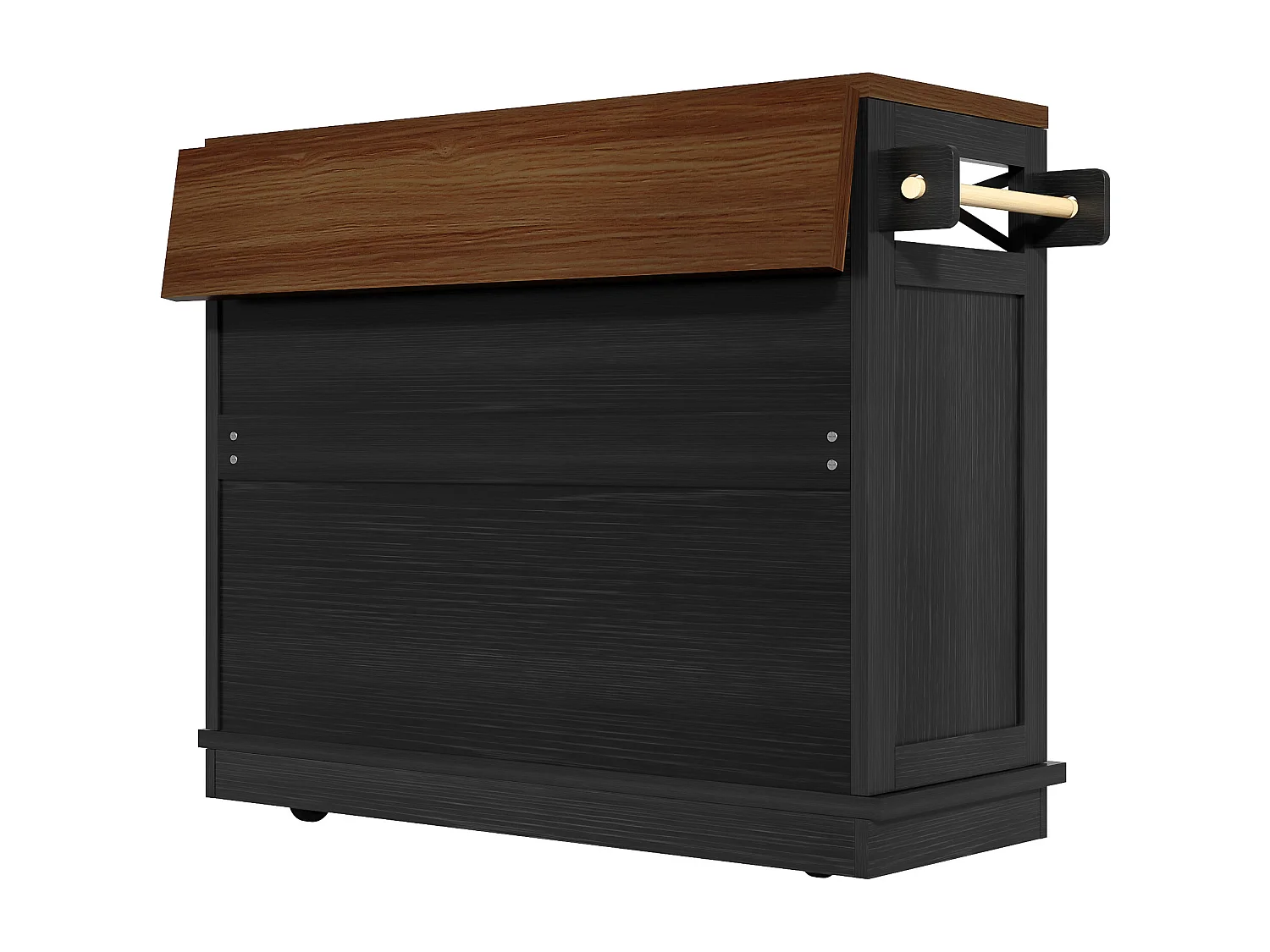 Desserte de cuisine noire (118×43×98 cm), avec roulettes, plateau bois, rangements modulables et porte-serviette