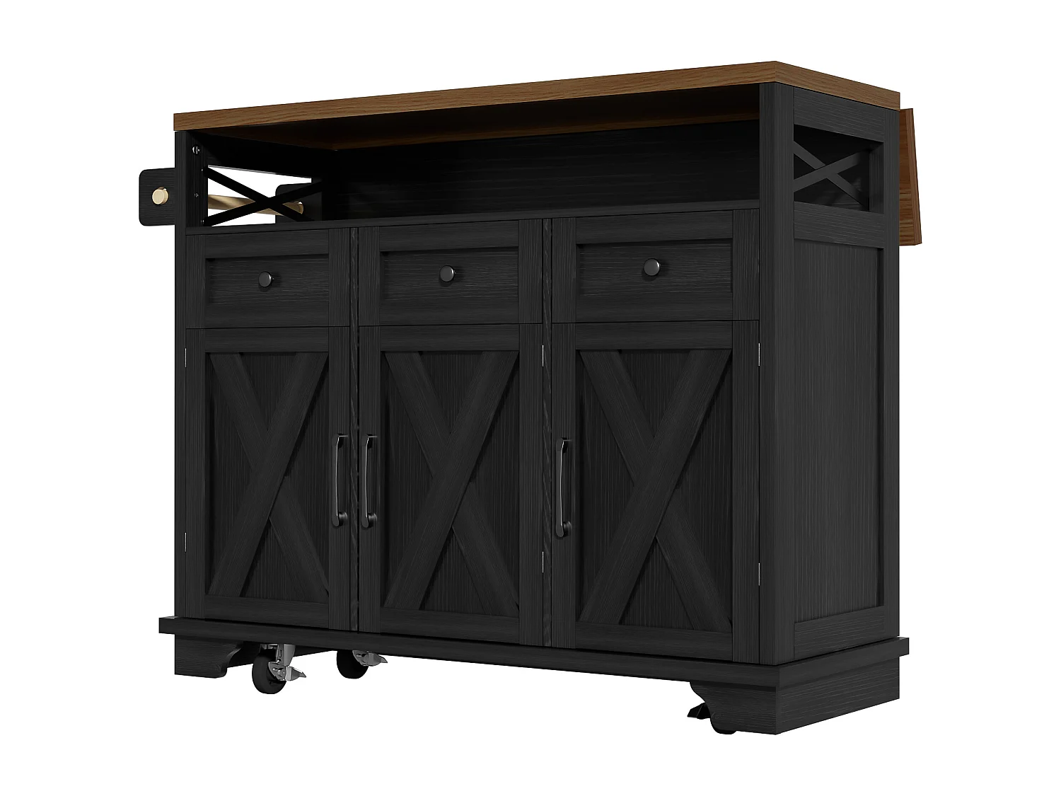 Desserte de cuisine noire (118×43×98 cm), avec roulettes, plateau bois, rangements modulables et porte-serviette